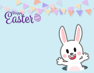 Obraz na płótnie Canvas Happy Easter greeting card vector design with chick, bunny and Easter Eggs concept , Animal wildlife holidays cartoon character, little cute rabbit in spring season and coppy space for text.