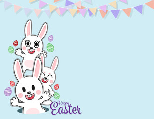 Happy Easter greeting card vector design with chick, bunny and Easter Eggs concept , Animal wildlife holidays cartoon character, little cute rabbit in spring season and coppy space for text.