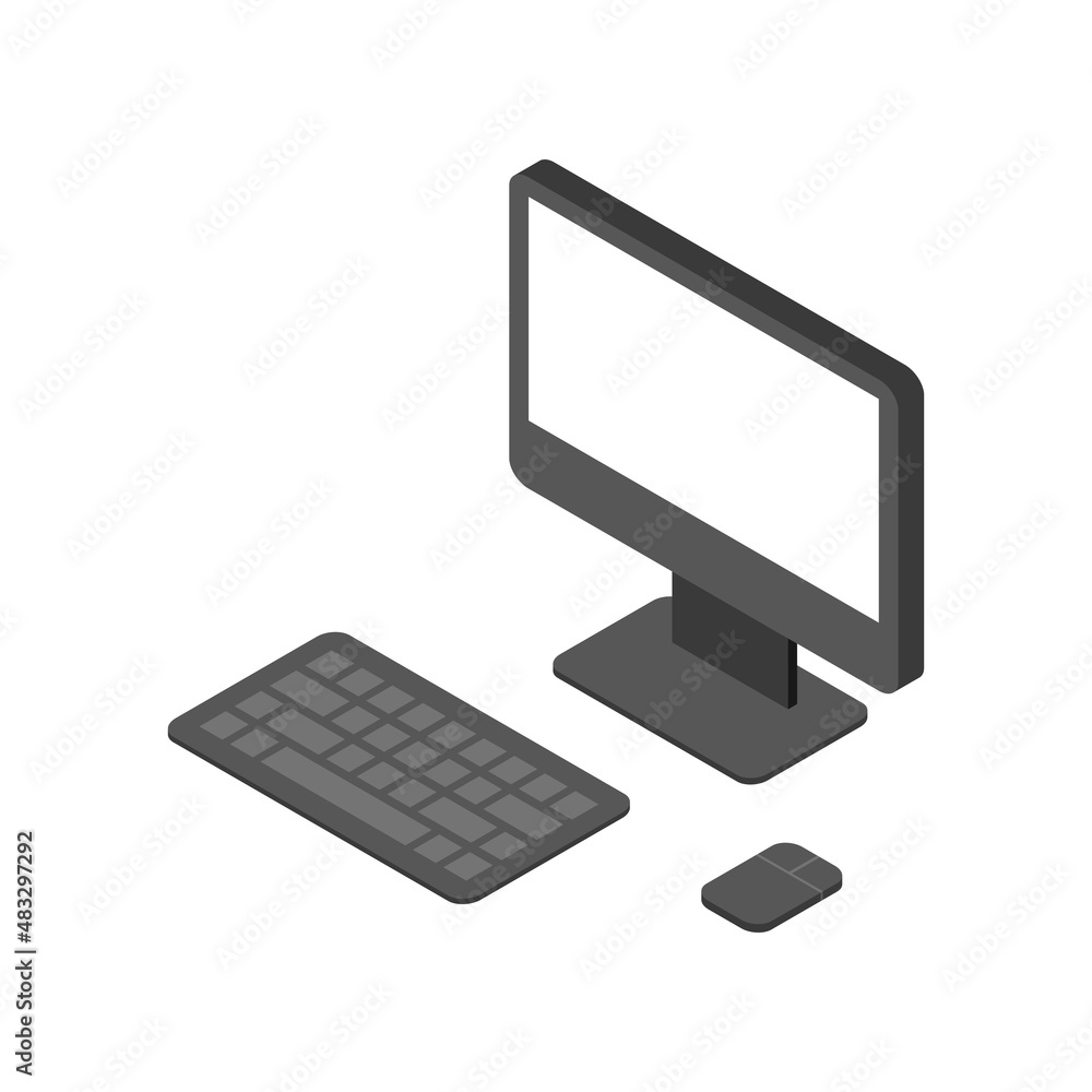 Poster electronic computer isometric design with keyboard monitor and mouse 3d vector illustration