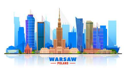 Warsaw (Poland) skyline with panorama on white background. Vector Illustration. Business travel and tourism concept with modern buildings. Image for presentation, banner, website.