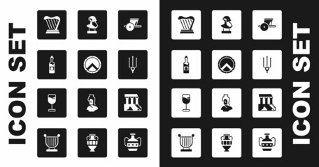 Set Ancient chariot, Greek shield, Bottle of wine, Harp, Neptune Trident, bust sculpture, Parthenon and Wine glass icon. Vector