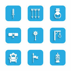 Set Medieval chained mace ball, spear, iron helmet, Gallows, throne, Decree, parchment, scroll, Poison bottle and sword icon. Vector