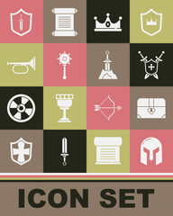 Set Medieval iron helmet, Antique treasure chest, shield with swords, King crown, chained mace ball, Trumpet, and Sword the stone icon. Vector
