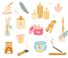 Candles and incense collection. Aromatherapy accessories. Essential oil, aroma diffuser, burning candles, burning incense sticks, palo santo, sage. Rest relaxation and home comfort. Vector - obrazy, fototapety, plakaty