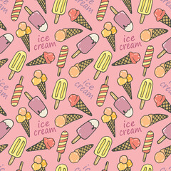 Vector doodle ice cream seamless pattern. Hand-drawn cartoon ice cream.