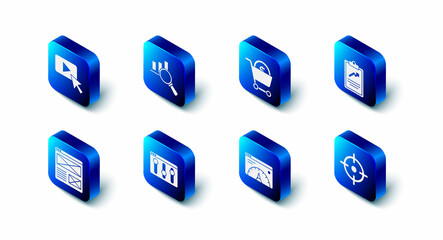 Set Magnifying glass and analysis, Shopping cart dollar, Clipboard with graph chart, Target sport, Website statistic, Browser setting, window and Advertising icon. Vector