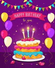 Happy birthday card. A cake with light cakes, multi-colored cream and three candles is on the table. Balls, garlands and confetti. Vector illustration.