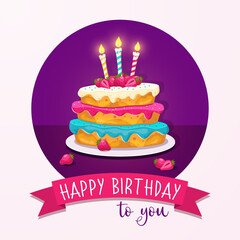 Happy birthday card. Cake with three candles and light cakes on a purple dark background. Vector illustration.