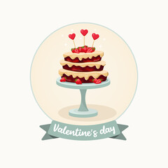Valentine's day postcard. A cake with chocolate layers and three hearts on sticks stands on a stand. vector illustration.