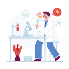 Science concept vector Illustration idea for landing page template, scientist in laboratory experiment research, biology, chemistry, physics knowledge scientific innovation. Hand drawn Flat Style