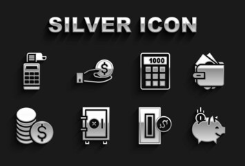 Set Safe, Wallet with money, Piggy bank coin, Inserting, Coin dollar, Calculator, Cash register machine and Hand giving icon. Vector
