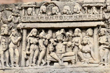 Stupa No 3, Bottom Architrave, Closeup of Nandanavana with Indra details. World Heritage Site, Sanchi, Madhya Pradesh, India.