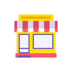 Exterior grocery store vendor tent building vector flat illustration. Facade urban supermarket