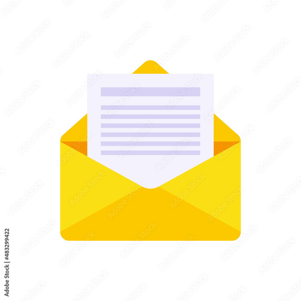 Poster open yellow paper envelope with letter document inside vector flat unpacking correspondence