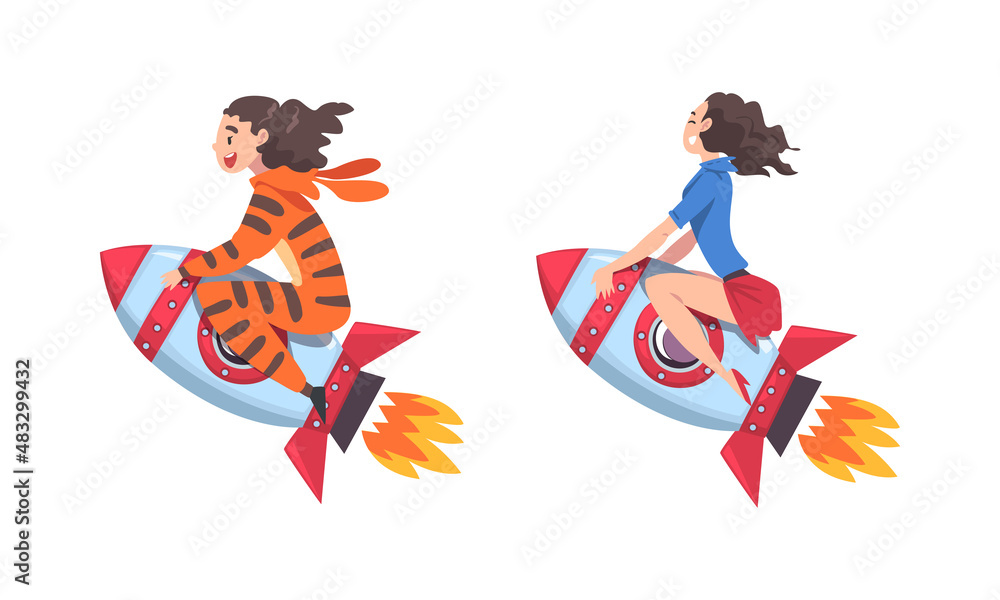 Sticker woman flying on space rocket moving upward vector set