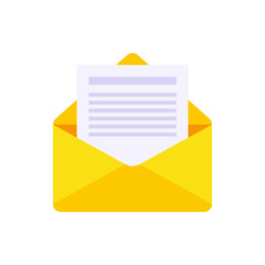 Open yellow paper envelope with letter document inside vector flat unpacking correspondence