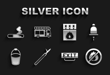Set Metal pike pole, Ringing alarm bell, No fire, Fire exit, bucket, Matchbox and matches, Cigarette and truck icon. Vector