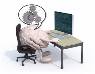 human brain with arms and legs on the desk in front of the computer