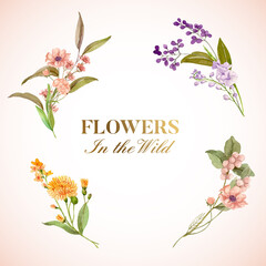 Bouquet template with wild flowers concept,watercolor style