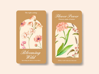 Instagram template with wild flowers concept,watercolor style