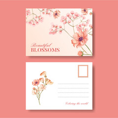 Postcard template with wild flowers concept,watercolor style