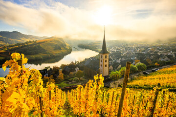 The Moselle Loop in Rhineland-Palatinate, Germany. Beautiful landscape shot at sunrise with fog in...