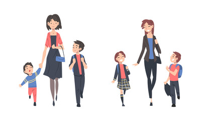Mother Walking Their Kids to School Holding Hands Vector Set