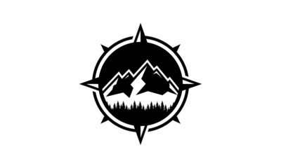 compass mountain adventure logo and pine forest design - obrazy, fototapety, plakaty