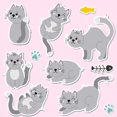 Cartoon cats set. Funny cats stickers in different poses
