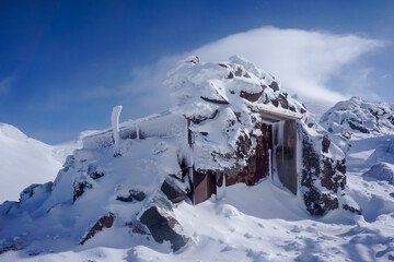 Frozen shelter on the ridge of Avachinsky volcano