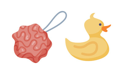 Body Scrubber or Shower Puff for Cleaning and Washing Skin and Yellow Rubber Duck Vector Set