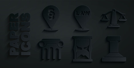 Set Old hourglass, Scales of justice, Law pillar, Stamp, Location law and icon. Vector