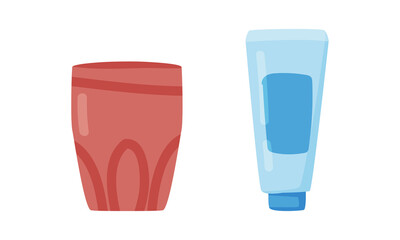 Plastic Cream or Lotion Tube for Face and Body Skin Care and Toothbrush Holder Vector Set