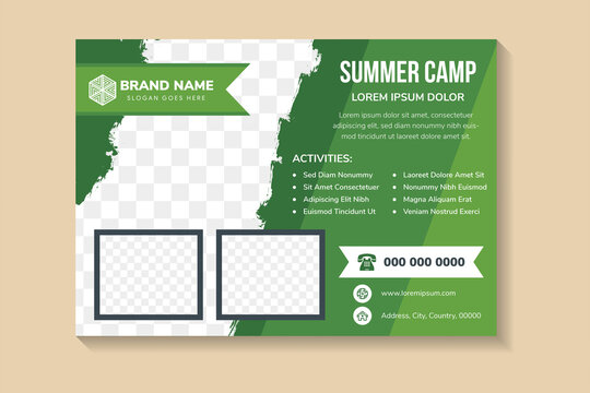 Multicolored Green Flyer Template Design With Example Headline Is Summer Camp. Diagonal And Rectangle Space For Photo Collage. Advertising Banner With Horizontal Layout.