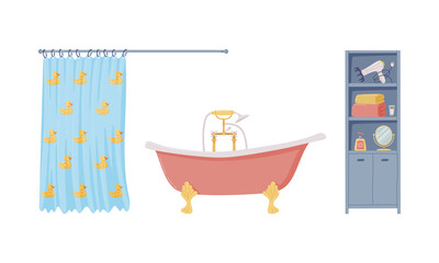 Shower Curtain on Shower Rod and Wooden Cabinet with Shelf Vector Set