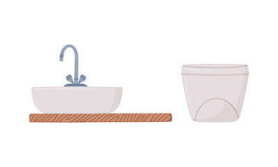 Toilet Bowl or Bidet and Sink with Tap as Bathroom or Washroom Interior Object Vector Set