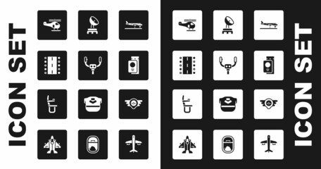 Set Plane, Aircraft steering helm, Airport runway, Helicopter, Passport with ticket, Radar, Aviation emblem and Airplane seat icon. Vector