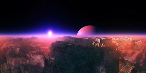 alien landscape at the rising of a star, HDRI, environment map , Round panorama, spherical panorama, equidistant projection, 360 high resolution panorama, 3d rendering
