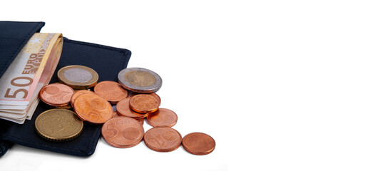wallet with euro bills and small change on a white background