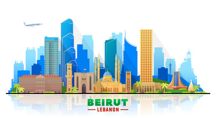Fototapeta premium Beirut Lebanon skyline with panorama in sky background. Vector Illustration. Business travel and tourism concept with modern buildings. Image for banner or website.