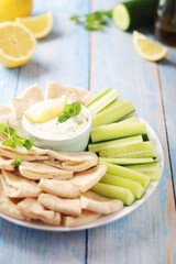 Tzatziki, Greek dip sauce with pita and cucumbers	