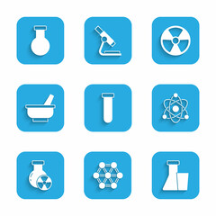 Set Test tube and flask, Molecule, Atom, radiation, Mortar pestle, Radioactive and icon. Vector