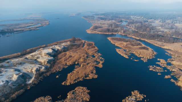 Aerial view of the Boryspil Islands near flooded village of Gusintsy, Rzhishchev, Ukraine. Winter time