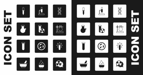 Set DNA symbol, Test tube radiation, and flask, Pipette, stand, Microscope, Chemical explosion and icon. Vector