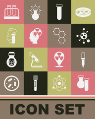 Set Test tube and flask, Pipette, Molecule, Head radiation symbol, Chemical explosion, and formula icon. Vector