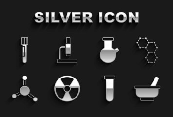 Set Radioactive, Chemical formula, Mortar and pestle, Test tube flask, Molecule, and Microscope icon. Vector