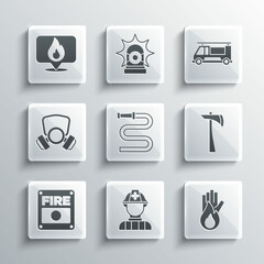 Set Firefighter, No fire, axe, hose reel, alarm system, Gas mask, Location with flame and truck icon. Vector