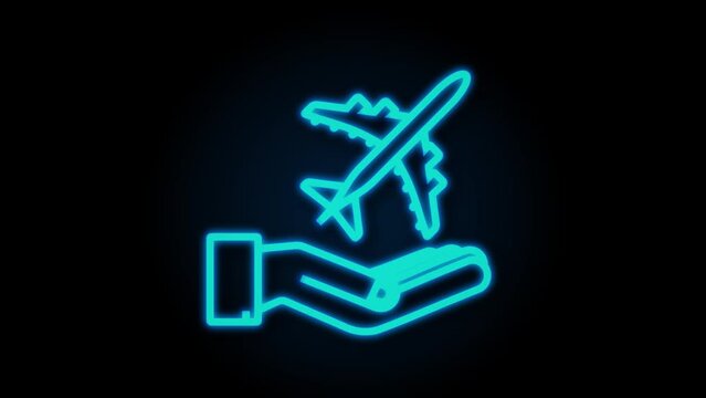 Airplane hand icon, great design for any purposes. Hand drawn paper airplane. Continuous line drawing. Neon icon. Motion Graphics.