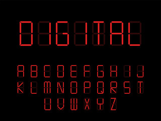 Digitlal font. Alarm alphabet, electronic letters. Monitor and scoreboard letters.