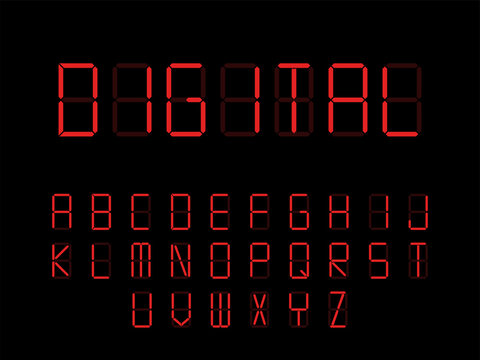 Digitlal font. Alarm alphabet, electronic letters. Monitor and scoreboard letters.